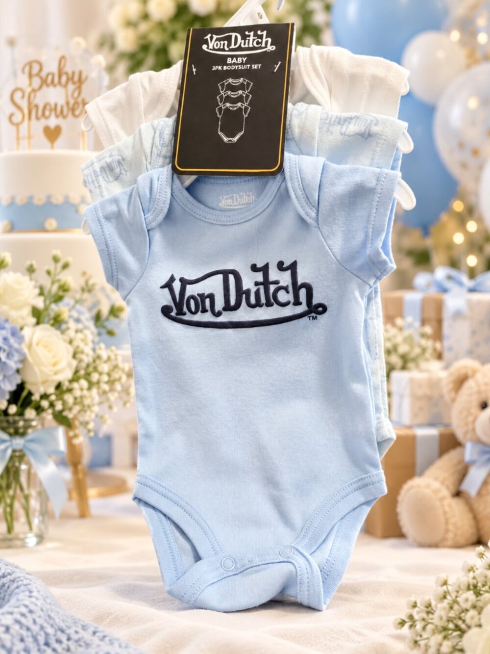 Von Dutch Baby 3-Piece Bodysuit Set – Size 3M – Blue & White